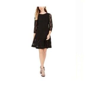 Jessica Howard Womens Petite 12P Black Lace Sleeves Knee Length Dress NWT DB86